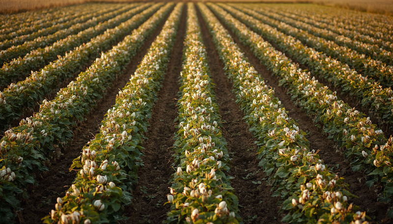 Rows of cotton at golden hour