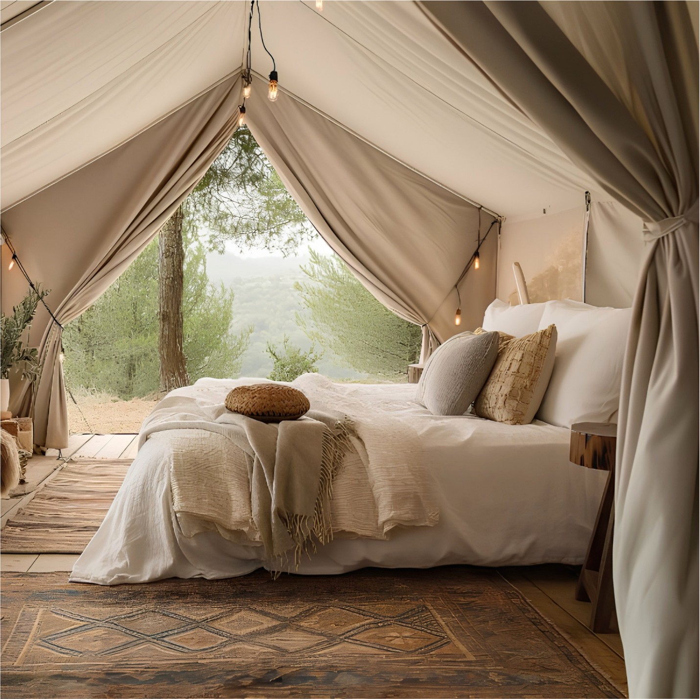 Safari tent suite with layered linen bedding