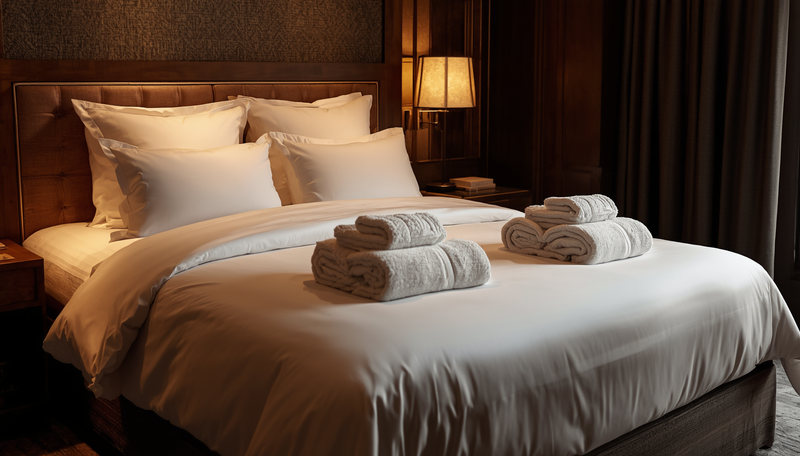 Classic hotel bed with folded towels